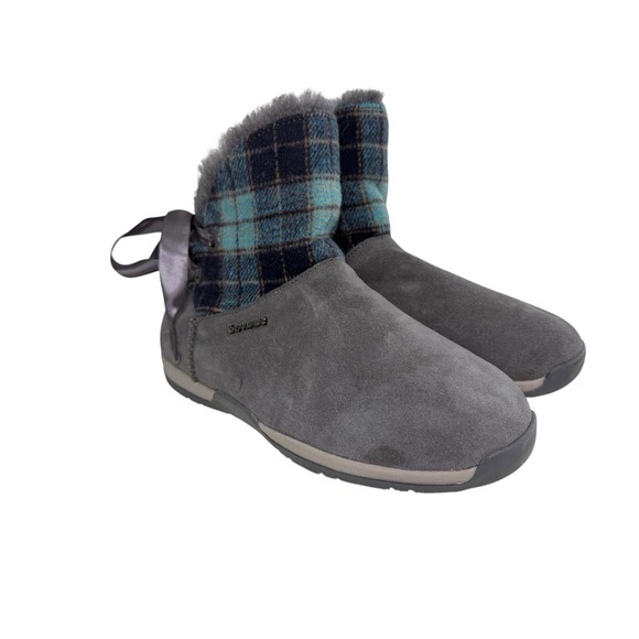 BearPaw Geneva Boots Short Suede Wool Lined Sheepskin Ribbon Women's Sz 7 No Box - Picture 3 of 5